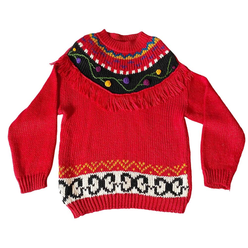 Vintage Grandma Sweater Fringe Ugly Red Knit Womens Size 20